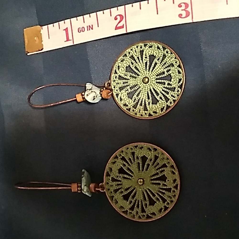 Painted bronze tone metal earrings with beads and stones